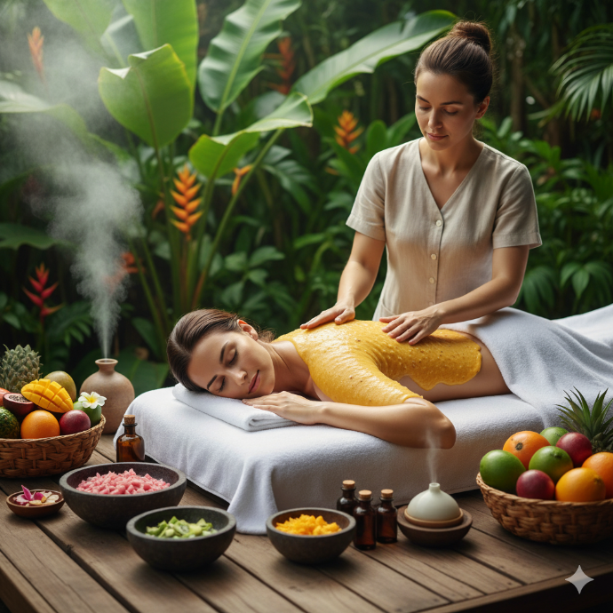 Deleite tropical.Nuestra frutas tropicales te garantizan un deleite a tu piel. Mediante una exfoliación corporal completa